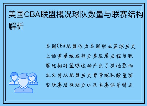 美国CBA联盟概况球队数量与联赛结构解析